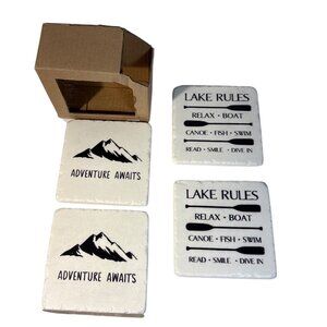 Lake Rules & Adventure Awaits Ceramic Coasters Set Of 4 Mountain & Paddle Cork